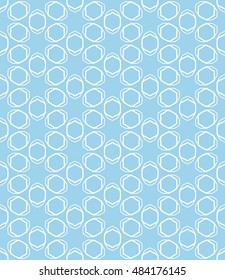 Seamless geometric line pattern in arabian style, ethnic ornament. Endless hexagonal texture for wallpaper, banners, invitation cards. Blue and white graphic lace background