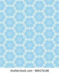 Seamless geometric line pattern in arabian style, ethnic ornament. Endless hexagonal texture for wallpaper, banners, invitation cards. Blue and white graphic lace background