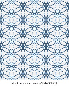 Seamless geometric line pattern in arabian style, ethnic ornament. Endless hexagonal texture for wallpaper, banners, invitation cards. Blue and white graphic lace background