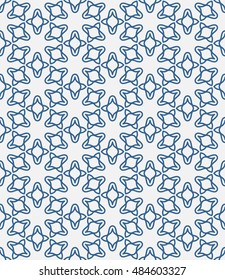 Seamless geometric line pattern in arabian style, ethnic ornament. Endless hexagonal texture for wallpaper, banners, invitation cards. Blue and white graphic lace background
