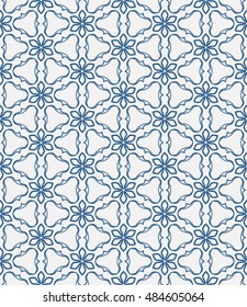 Seamless geometric line pattern in arabian style, ethnic ornament. Endless hexagonal texture for wallpaper, banners, invitation cards. Blue and white graphic lace background