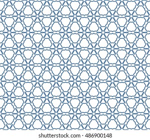 Seamless geometric line pattern in arabian style, ethnic ornament. Endless hexagonal texture for wallpaper, banners, invitation cards. Monochrome blue and white graphic lace background