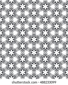 Seamless geometric line pattern in arabian style, ethnic ornament. Endless hexagonal lace texture for wallpaper, banners, invitation cards. Black and white abstract graphic background