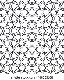 Seamless geometric line pattern in arabian style, ethnic ornament. Endless hexagonal lace texture for wallpaper, banners, invitation cards. Black and white abstract graphic background