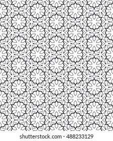 Seamless geometric line pattern in arabian style, ethnic ornament. Endless hexagonal lace texture for wallpaper, banners, invitation cards. Black and white abstract graphic background
