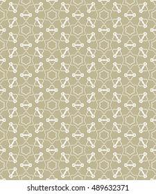 Seamless geometric line pattern in arabian style, ethnic ornament. Endless hexagonal texture for wallpaper, banners, invitation cards. Golden brown and white, monochrome graphic lace background