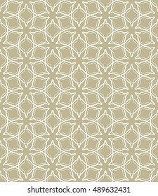Seamless geometric line pattern in arabian style, ethnic ornament. Endless hexagonal texture for wallpaper, banners, invitation cards. Golden brown and white, monochrome graphic lace background