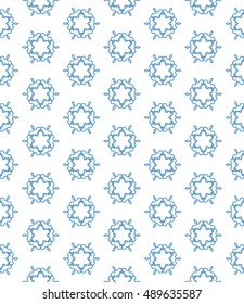 Seamless geometric line pattern in arabian style, ethnic ornament. Endless hexagonal texture for wallpaper, banners, invitation cards. Blue and white, monochrome graphic lace background