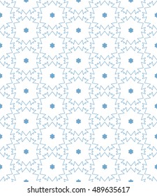 Seamless geometric line pattern in arabian style, ethnic ornament. Endless hexagonal texture for wallpaper, banners, invitation cards. Blue and white, monochrome graphic lace background