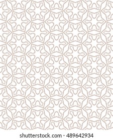 Seamless geometric line pattern in arabian style, ethnic ornament. Endless hexagonal texture for wallpaper, banners, invitation cards. Brown and white, monochrome graphic lace background