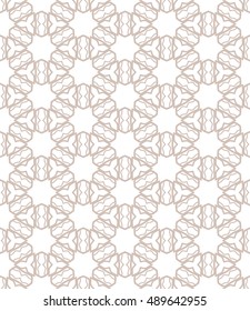 Seamless geometric line pattern in arabian style, ethnic ornament. Endless hexagonal texture for wallpaper, banners, invitation cards. Brown and white, monochrome graphic lace background