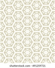 Seamless geometric line pattern in arabian style, ethnic ornament. Endless hexagonal texture for wallpaper, banners, invitation cards. Golden brown graphic lace background