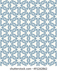 Seamless geometric line pattern in arabian style, ethnic ornament. Endless hexagonal texture for wallpaper, banners, invitation cards. Monochrome blue lace background