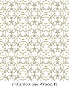 Seamless geometric line pattern in arabian style, ethnic ornament. Endless hexagonal texture for wallpaper, banners, invitation cards. Monochrome golden brown graphic lace background