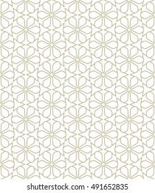Seamless geometric line pattern in arabian style, ethnic ornament. Endless hexagonal texture for wallpaper, banners, invitation cards. Monochrome golden brown graphic lace background