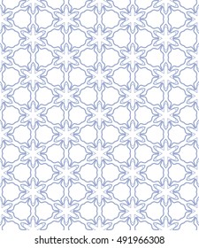 Seamless geometric line pattern in arabian style, ethnic ornament. Endless hexagonal texture for wallpaper, banners, invitation cards. Blue and white graphic lace background