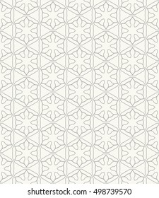 Seamless geometric line pattern in arabian style, ethnic ornament. Endless hexagonal texture for wallpaper, banners, invitation cards. Gray and white graphic lace background
