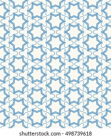 Seamless geometric line pattern in arabian style, ethnic ornament. Endless hexagonal texture for wallpaper, banners, invitation cards. Blue and white graphic lace background