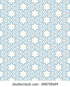 Seamless geometric line pattern in arabian style, ethnic ornament. Endless hexagonal texture for wallpaper, banners, invitation cards. Blue and white graphic lace background