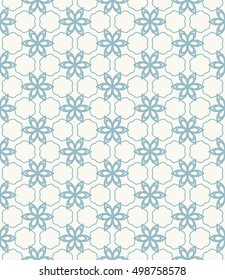 Seamless geometric line pattern in arabian style, ethnic ornament. Endless hexagonal texture for wallpaper, banners, invitation cards. Blue and white graphic lace background