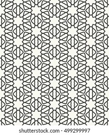 Seamless geometric line pattern in arabian style, ethnic ornament. Endless hexagonal texture for wallpaper, banners, invitation cards. Black and white graphic lace background
