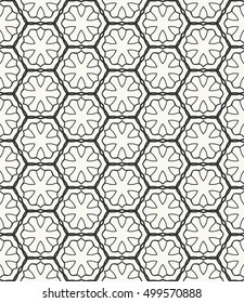 Seamless geometric line pattern in arabian style, ethnic ornament. Endless hexagonal texture for wallpaper, banners, invitation cards. Black and white graphic lace background