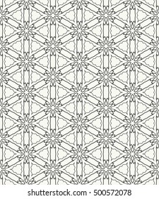 Seamless geometric line pattern in arabian style, ethnic ornament. Endless hexagonal texture for wallpaper, banners, invitation cards. Black and white graphic lace background