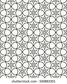 Seamless geometric line pattern in arabian style, ethnic ornament. Endless hexagonal texture for wallpaper, banners, invitation cards. Black and white graphic lace background