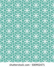 Seamless geometric line pattern in arabian style, ethnic ornament. Endless hexagonal texture for wallpaper, banners, invitation cards. Green and white graphic lace background