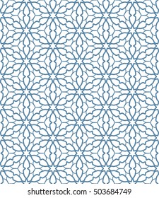 Seamless geometric line pattern in arabian style, ethnic ornament. Endless hexagonal texture for wallpaper, banners, invitation cards. Blue and white graphic lace background
