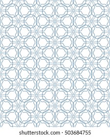 Seamless geometric line pattern in arabian style, ethnic ornament. Endless hexagonal texture for wallpaper, banners, invitation cards. Blue and white graphic lace background