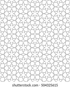 Seamless geometric line pattern in arabian style, ethnic ornament. Endless hexagonal texture for wallpaper, banners, invitation cards. Gray and white graphic lace background