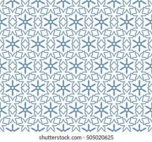 Seamless geometric line pattern in arabian style, ethnic ornament. Endless hexagonal texture for wallpaper, banners, invitation cards. Blue and white graphic lace background