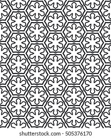 Seamless geometric line pattern in arabian style, ethnic ornament. Endless hexagonal texture for wallpaper, banners, invitation cards. Black and white graphic lace background