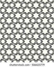Seamless geometric line pattern in arabian style, ethnic ornament. Endless hexagonal texture for wallpaper, banners, invitation cards. Black and white graphic lace background