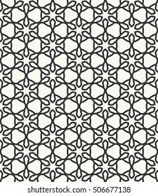 Seamless geometric line pattern in arabian style, ethnic ornament. Endless hexagonal texture for wallpaper, banners, invitation cards. Black and white graphic lace background