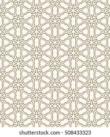 Seamless geometric line pattern in arabian style, ethnic ornament. Endless hexagonal texture for wallpaper, banners, invitation cards. Monochrome golden brown graphic lace background