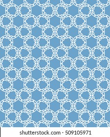 Seamless geometric line pattern in arabian style, ethnic ornament. Endless hexagonal texture for wallpaper, banners, invitation cards. Blue and white graphic lace background