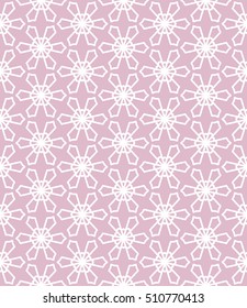 Seamless geometric line pattern in arabian style, ethnic ornament. Endless hexagonal texture for wallpaper, banners, invitation cards. Purple and white graphic lace background