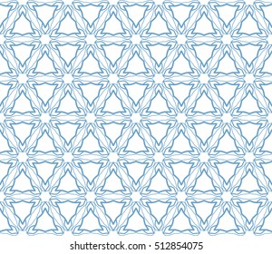Seamless geometric line pattern in arabian style, ethnic ornament. Endless hexagonal texture for wallpaper, banners, invitation cards. Blue and white graphic lace background