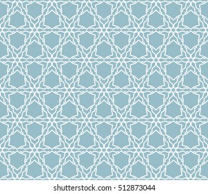 Seamless geometric line pattern in arabian style, ethnic ornament. Endless hexagonal texture for wallpaper, banners, invitation cards. Blue and white graphic lace background