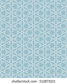 Seamless geometric line pattern in arabian style, ethnic ornament. Endless hexagonal texture for wallpaper, banners, invitation cards. Blue and white graphic lace background