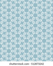 Seamless geometric line pattern in arabian style, ethnic ornament. Endless hexagonal texture for wallpaper, banners, invitation cards. Blue and white graphic lace background