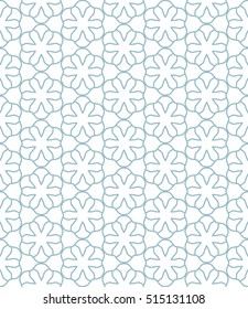 Seamless geometric line pattern in arabian style, ethnic ornament. Endless hexagonal texture for wallpaper, banners, invitation cards. Blue and white graphic lace background