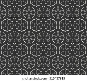 Seamless geometric line pattern in arabian style, ethnic ornament. Endless hexagonal texture for wallpaper, banners, invitation cards. Black and white graphic lace background