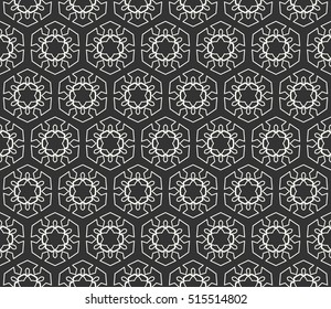 Seamless geometric line pattern in arabian style, ethnic ornament. Endless hexagonal texture for wallpaper, banners, invitation cards. Black and white graphic lace background