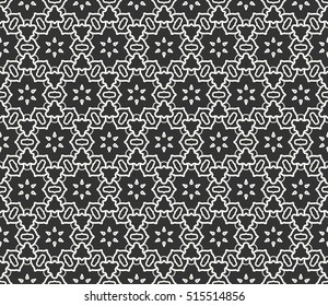 Seamless geometric line pattern in arabian style, ethnic ornament. Endless hexagonal texture for wallpaper, banners, invitation cards. Black and white graphic lace background