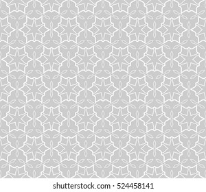 Seamless geometric line pattern in arabian style, ethnic ornament. Endless hexagonal texture for wallpaper, banners, invitation cards. Gray and white graphic lace background