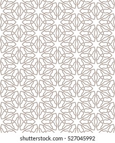 Seamless geometric line pattern in arabian style, ethnic ornament. Endless hexagonal texture for wallpaper, banners, invitation cards. Brown and white graphic lace background