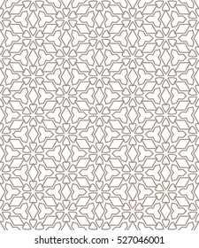 Seamless geometric line pattern in arabian style, ethnic ornament. Endless hexagonal texture for wallpaper, banners, invitation cards. Brown and white graphic lace background